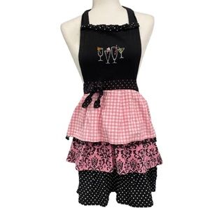 Ruffled Cocktail Party Apron Embroidered Pink Black 100% Cotton